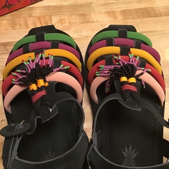 Farm Rio Beaded Rainbow Tube Strap Tassel Sandals with tropical print dust bag … - Picture 5 of 6